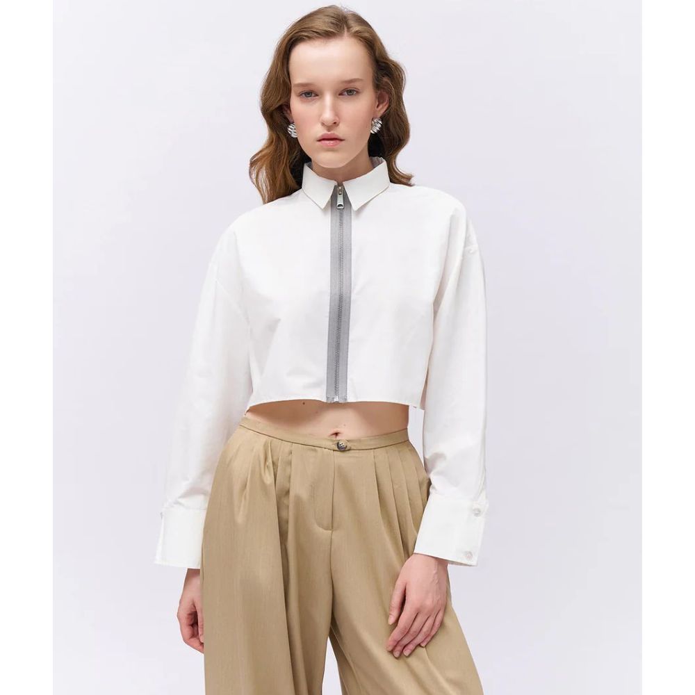 QUZU WOMEN ZIPPER DETAILED CROP SHIRT WHITE